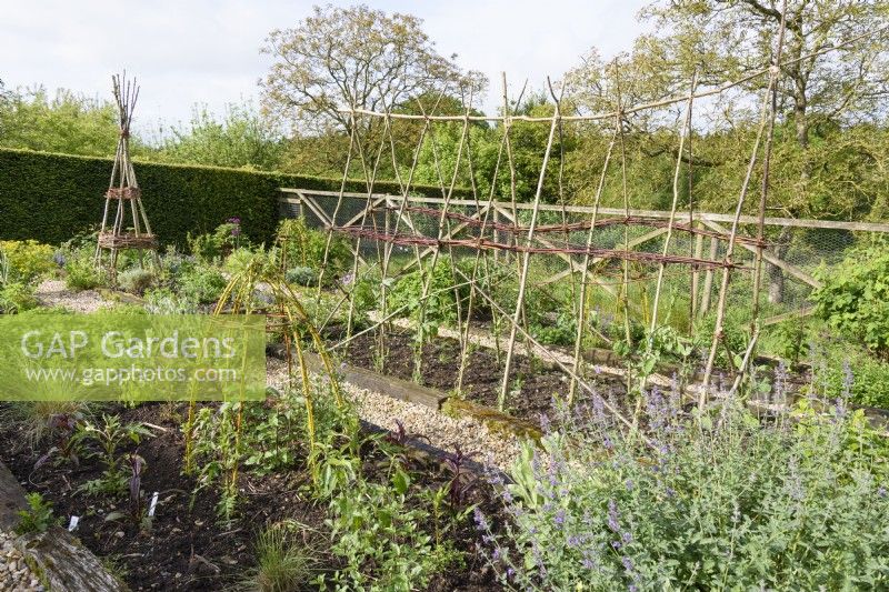 Kitchen garden with herbs and plant supports made from willow and hazel.