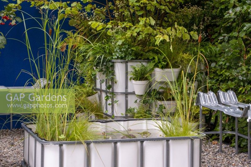 IBC containers re-purposed as a planter and pond - The IBC Pocket Forest Garden, RHS Chelsea Flower Show 2021