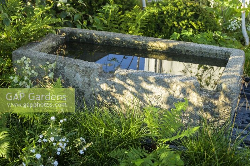 Old stone water trough in The Connections garden at RHS Hampton Court Palace Garden Festival 2022