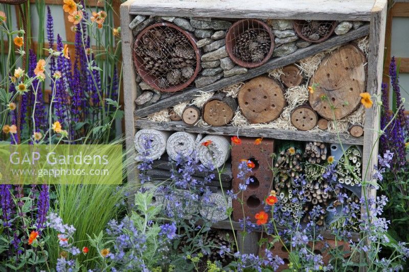 Bug hotel set amongst colourful perennials in the 'Split Screen' garden at BBC Gardener's World Live 2017 - June