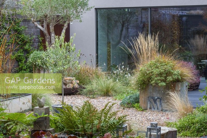 Two salvaged galvanised water tanks are either planted with an old olive tree, or a blend of fleabane, perennial wallflowers and pheasant's tail grass. The gravel garden is planted with ornamental grasses, fleabane, gaura and verbena.