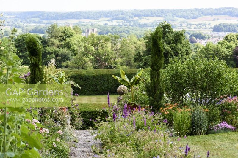 Milton Lodge Gardens, Somerset in June with lush borders and yew hedges