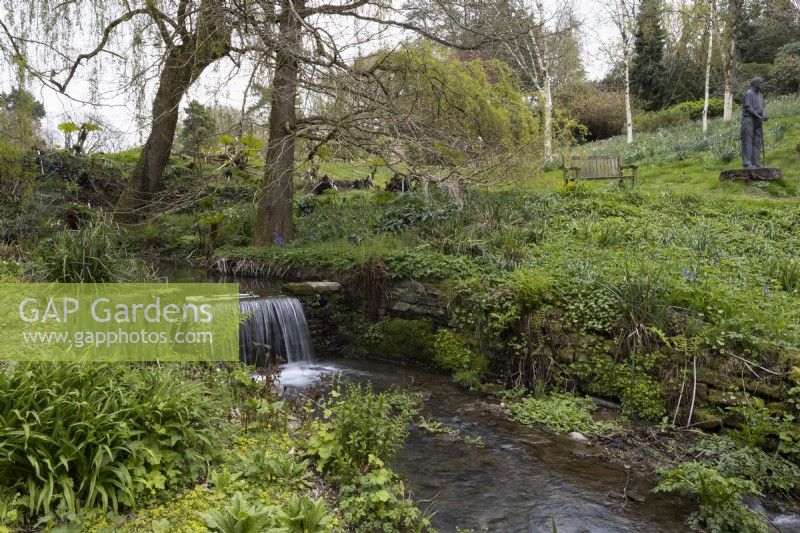 A waterfall below trees in a woodland garden with a wooden bench and figurative statue in the background. Marwood Hill gardens. Devon. Spring. May. 