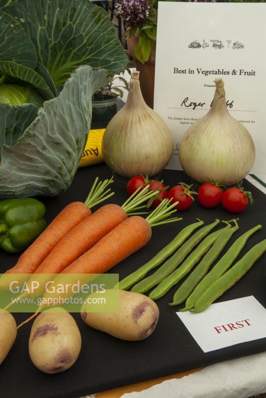 Best in Show - winning entry of vegetables and fruit in Village Flower Show, Orford, Suffolk