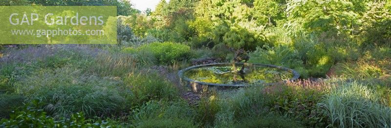 A panoramic view of the Dragon Garden with raised circular pond, dragon sculpture and surrounding perennial borders and trees 