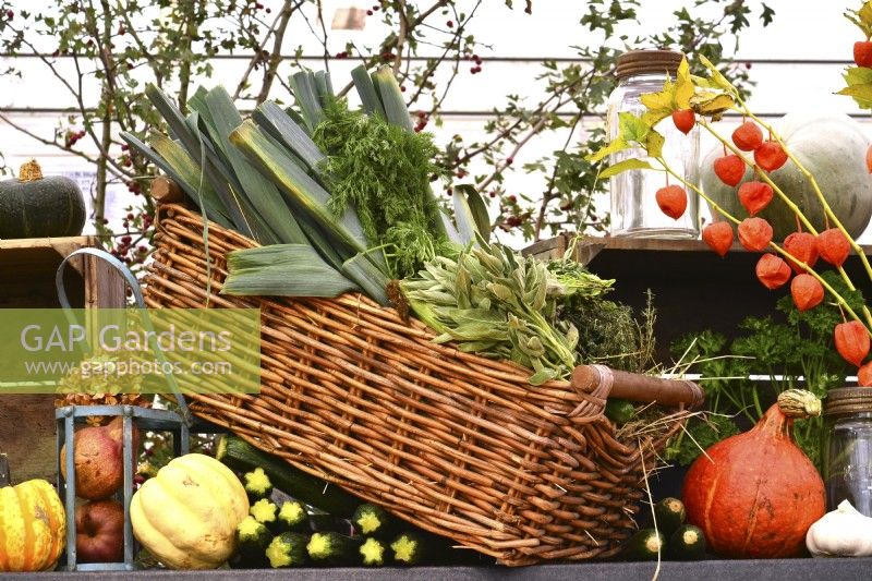 Display of harvested produce, including mixed winter squash and leeks in willow basket.
