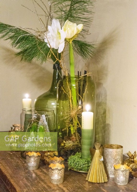 Christmas decoration on sideboard: Amaryllis in glass jar with lighted candles, winter December