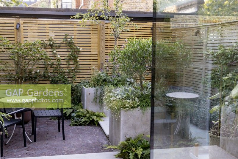 Courtyard garden with seating area with raised beds and contemporary wood boundary fence.