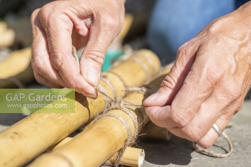 Woman tying shorter pieces of bamboo between two longer pieces to create a small ladder