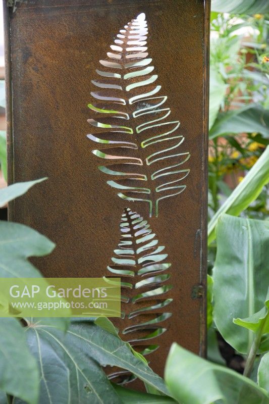 Cutout leaf in metal panel in 'Staycation Tropical Cornwall' at BBC Gardener's World Live 2021, august 