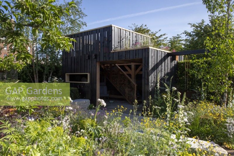 Wildlife observation hide building with living green roof - mixed perennial planting 