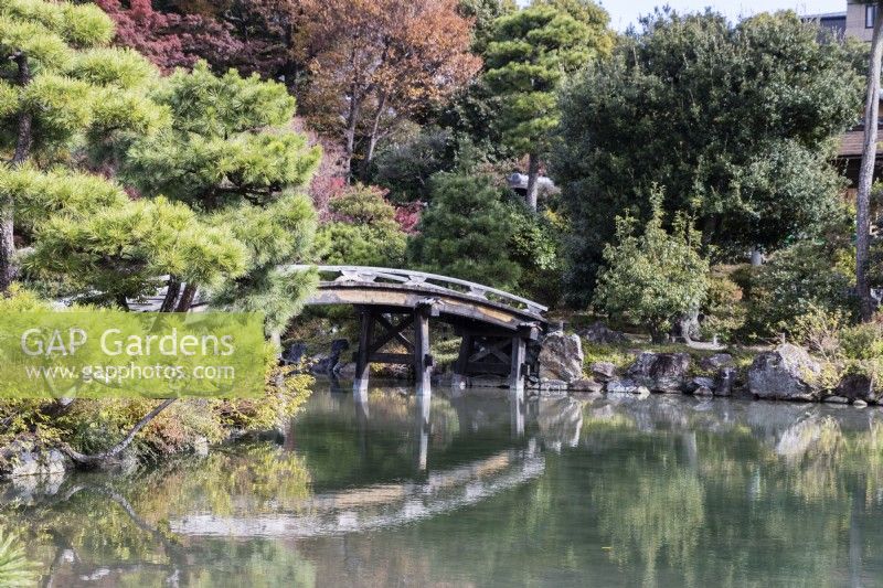 The Shinsetsu-kyo bridge and Ingetsuchi pond. View to trees behind. 