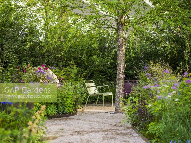 Path leading to seating area with green Fernob chair next to Betula nigra and the flowering bed at Horatio's Garden, Chelsea Flower Show 2023. Designer: Charlotte Harris and Hugo Bugg, Gold medal winner, Best Show Garden