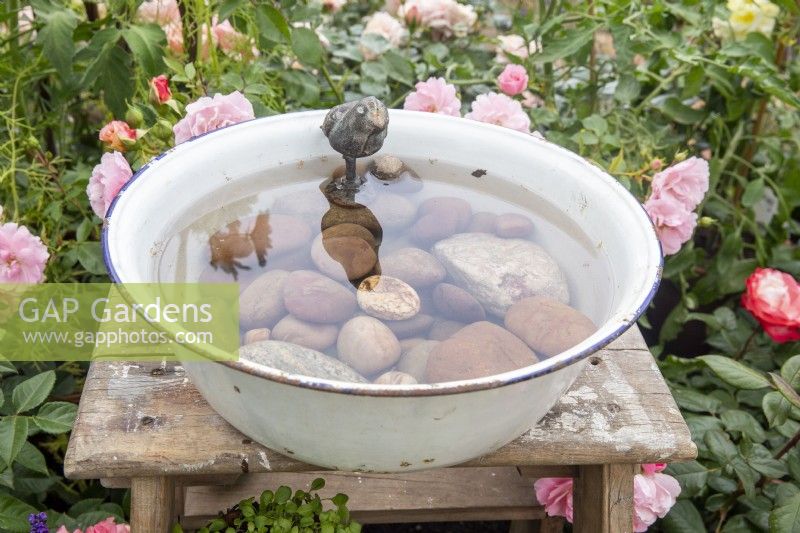 A vintage enamel bowl filled with pebbles used as a bird water bath