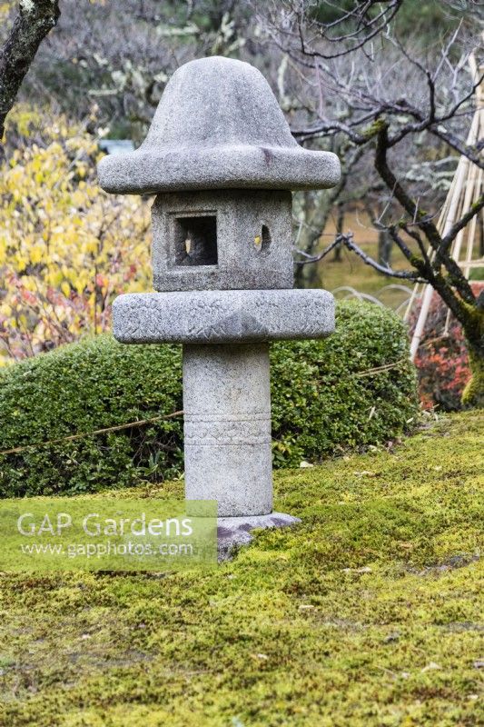 Stone lantern known as Ishidoro on bed of moss.