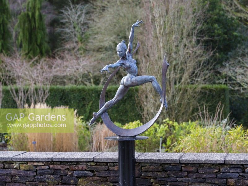 Metal sculpture 'Arc Dancer' at RHS Rosemoor Garden in February. 