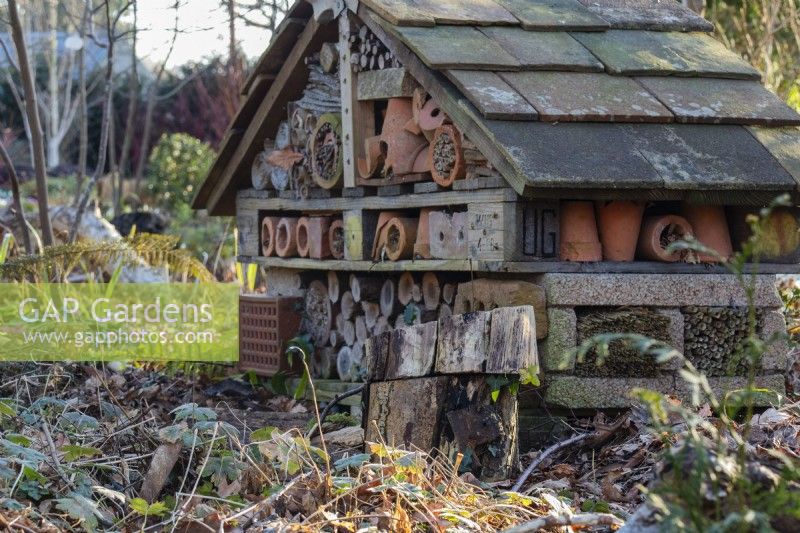 A homemade bug hotel made from recycled materials at The Picton Garden.