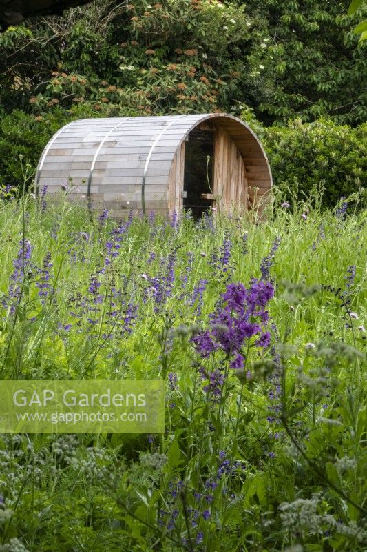 A wildflower meadow surrounds a wooden outdoor sauna.