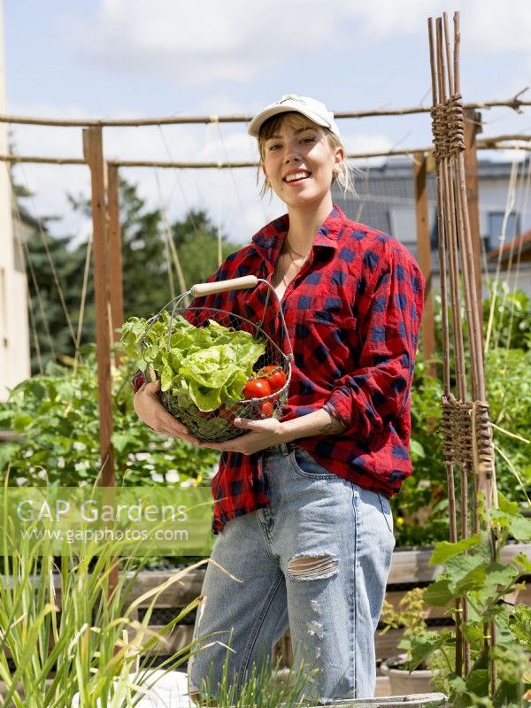 Young woman holding a wire trug of lettuce and tomatoes in urban vegetable garden, summer August