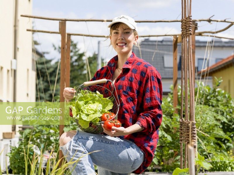 Young woman holding a wire trug of tomatoes and lettuce in urban vegetable garden, summer August