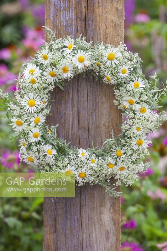White themed flower wreath made of wild carrots and chamomile.