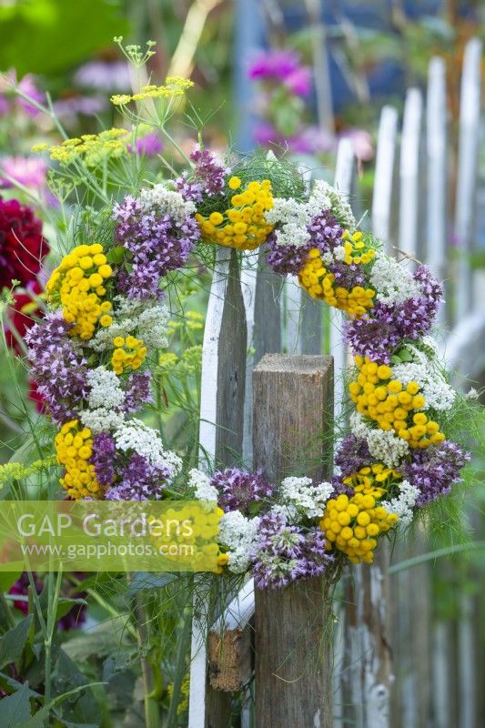 Wreath made of Tansy, Verbena bonariensis, yarrow, and Fennel foliage hanging from wooden fence.