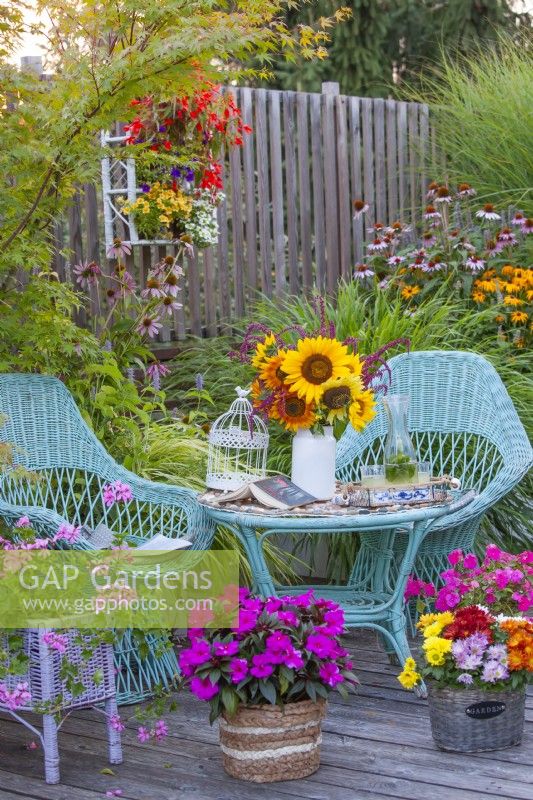 Raised bed planted with Pelargoniums, a wicker container with Impatiens, a bouquet of summer flowers including sunflowers and wicker furniture on decked patio.