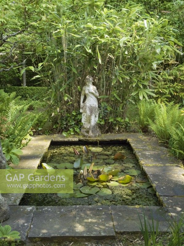 Sunken pond and statue in woodland garden