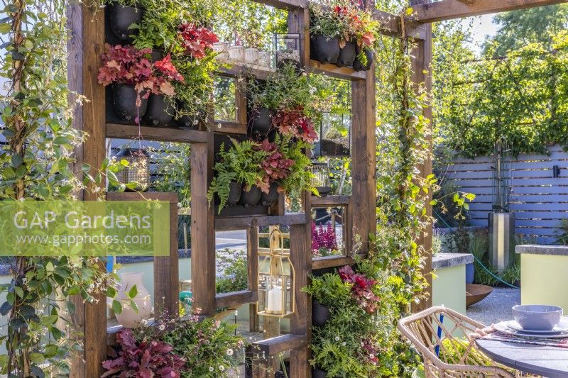 A wooden partition wall with vertical garden in pots planted with Erigeron karvinskianus, Polypodium vulgaris,Heuchera 'Peach Flambe', Trachelospermum jasminoides and decorated with lanterns shelters the outdoor dining area. June