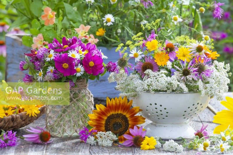 Floral arrangement with bunch of Cosmos, Chamomile and Red Clover in a glass jar decorated with twine and a colander full of harvested medicinal and herb flowers including Pot marigolds, Coneflowers, Bergamot, Fennel, Chamomile and Yarrow.