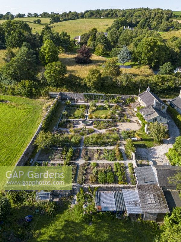 Aerial view by drone of  The Walled Garden in Staverton, Devon, Summer