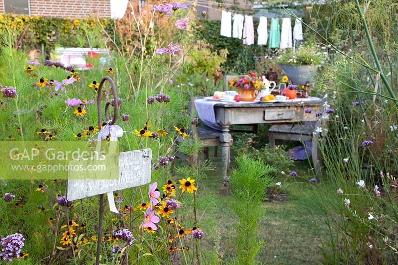 Seating in a flower meadow with a sign 'Butterflies Welcome' in the foreground 