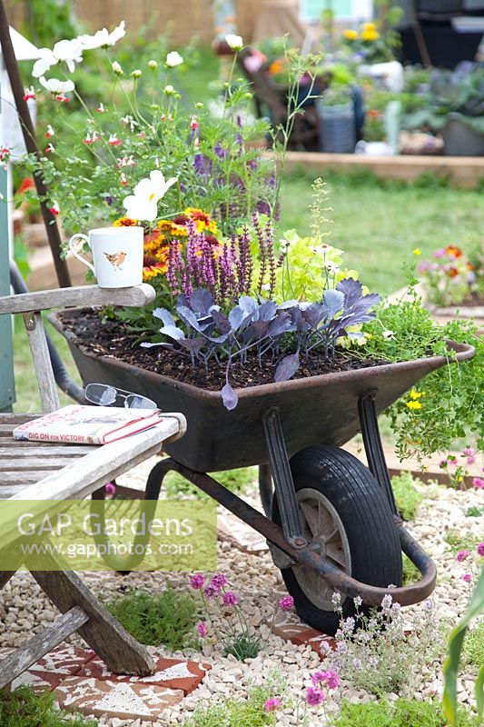 Flowers and vegetables planted in an old wheelbarrow 