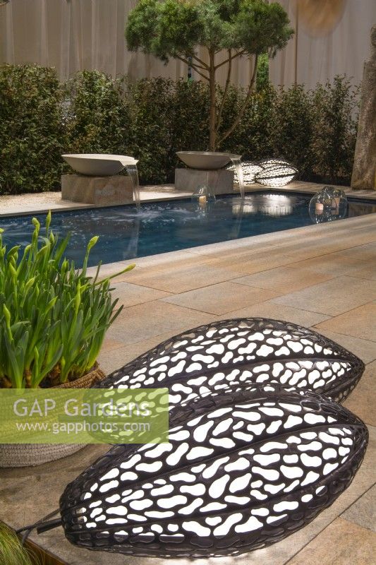 Luxurious African terrace with relaxing area with a surface for natural stone and basin with water bowls fountain and  floating candles. Plants: Pinus sylvestris Schirmform, hedge from Elaeagnus ebbingei and Narcissus in container.
Designer: Vetschpartner, Berger Gartenbau and Livingdreams. Giardina-Zurich, Swiss. 


