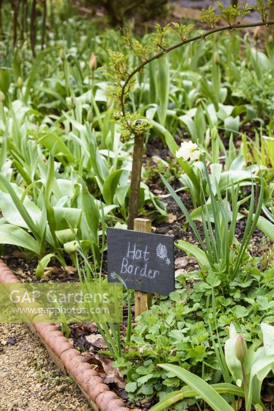 Slate sign in the Hot Border at Cerney House Gardens in March