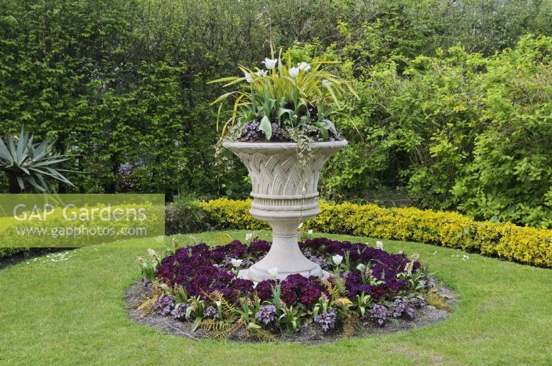 Lattice weave urn with an arrangement of white tulips and variegated cordyline underplanted with decorative foliage standing in the middle of a circular island flowerbed, Avenue Gardens, The Regent's Park, London, UK 
