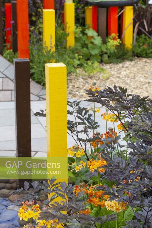 Yellow, brown and red painted posts surrounded by yellow, brown and red flowers and foliage such as Sambucus and Primula in the 'In the Loop' garden at BBC Gardener's World Live 2015