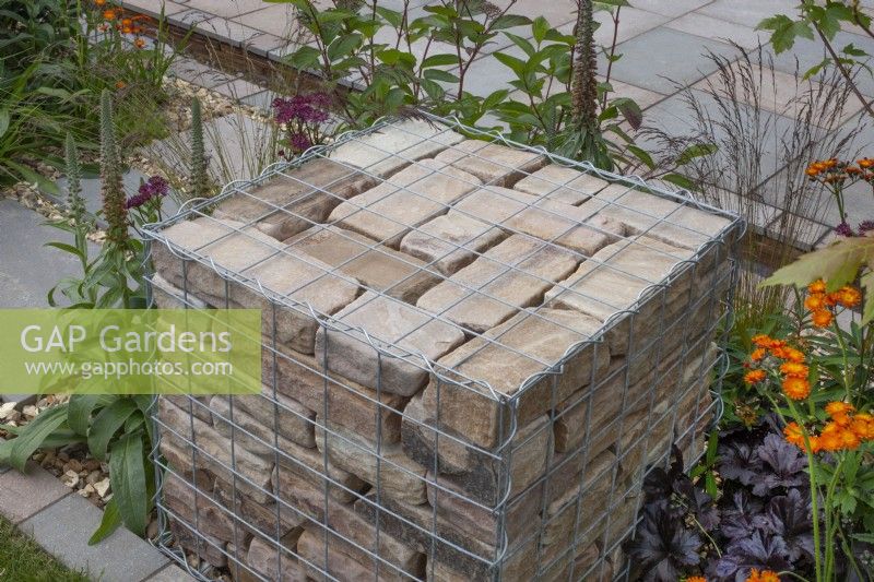 Brick filled gabion in The 'Slow Burn' Garden at BBC Gardener's World Live 2015, June