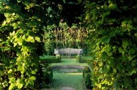 View through opening in beech hedge to green garden at Cranbourne Manor in Dorset