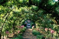 View through fruit tunnel in kitchen garden at Cranbourne Manor in Dorset