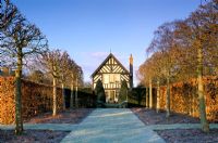 Winter garden with Tilia - Lime tree allee leading to house at Wollerton Old Hall in Shropshire