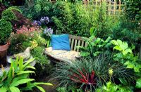 Bench with cushions surrounded by lush planting