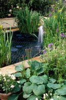 Pond with fountain and decorative metal grill for safety. 'Help the Aged' garden at Chelsea FS