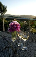 Bunch of mixed Lathyrus - Sweetpeas in glass vase with 2 glasses of white wine. On garden table at terrace with sunset