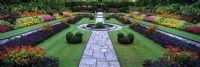 Multi-coloured annual bedding, fountain & topiary. Hampton Court Palace, Surrey, England, UK.
