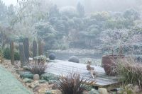 The frozen pond and deck on a frosty, foggy winter's morning. Container of Prunus incisa 'Kojo-no-mai', wooden duck ornaments and slate posts. Conifers on rock garden beyond. 