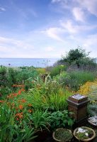 Seaside gravel garden with Crocosmia, Helichrysum, Verbena bonariensis, Euphorbia characias, Lavandula and Phormium - Dawlish, Dorset 