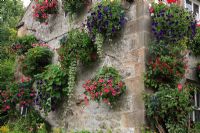 Hanging baskets on stone wall of house in Derbyshire Dales 

 