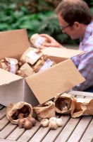 Man inspecting delivered packets of bulbs before planting
