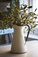 Viscum Album - Large bunch of Mistletoe in white and blue enamel jug on table